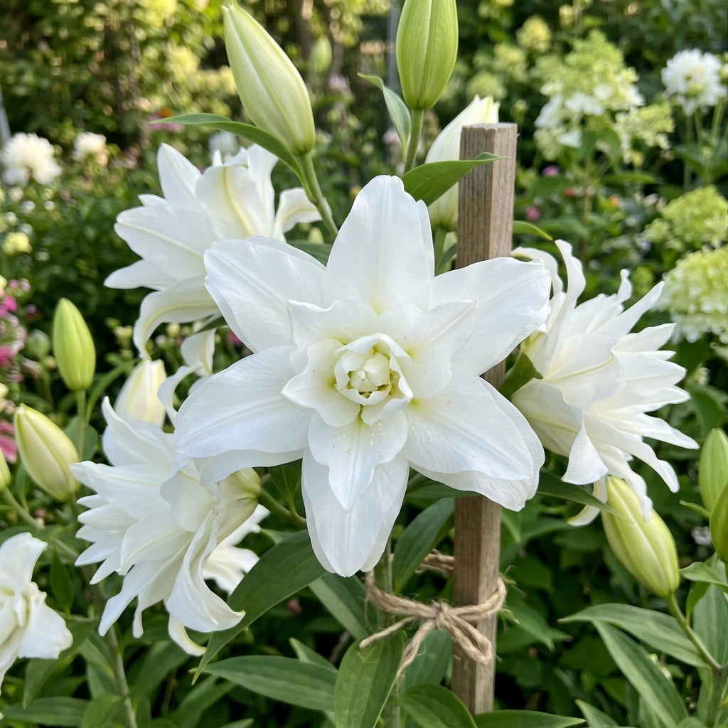 Snow-white double Roselily Monica flowers in a summer garden
